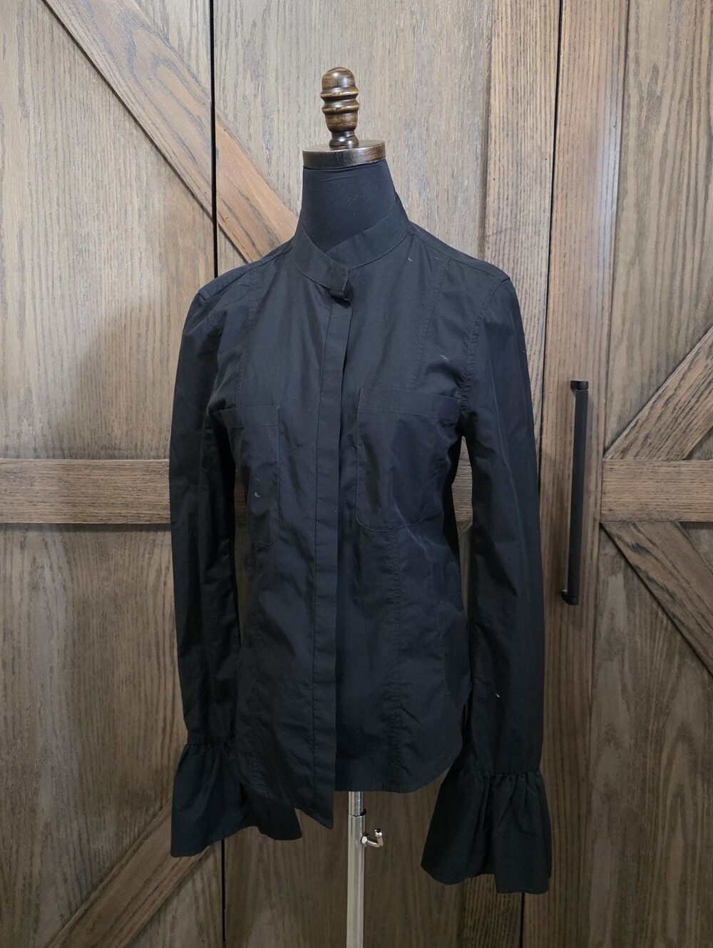 Frame Denim Black Long-Sleeve Ruffle Cuff Button-Up Top